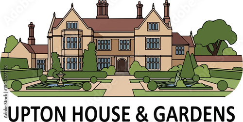 Stylized illustration of a grand manor house with formal gardens, fountains, and manicured hedges