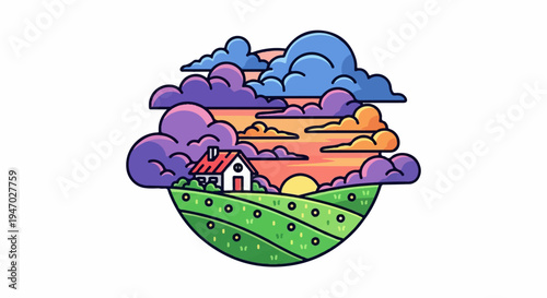 Stylized illustration of a home on a hill amidst a colorful sky and landscape