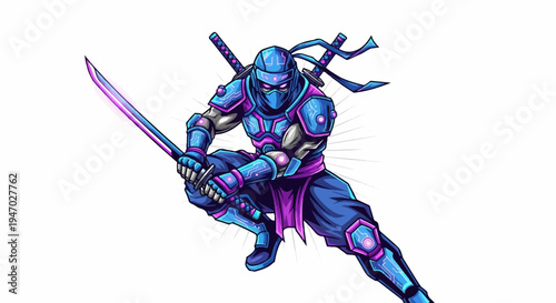 Pixelated futuristic warrior in blue and purple armor, holding a glowing sword, mid-action pose