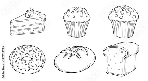 A colorful illustration of donuts muffins and sliced bread on display