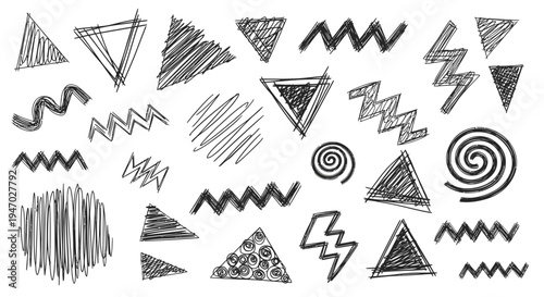 Geometric shapes and patterns drawn in a sketchy style on a white background with various triangles and lines.