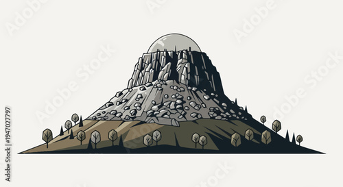 Stylized illustration of a jagged mountain peak topped with a large, smooth dome