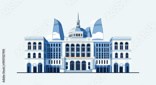 Pixelated illustration of an grand, ornate government building with a central dome and flanking towers