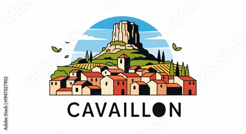 Stylized illustration of a Mediterranean village with a prominent rock formation and surrounding fields