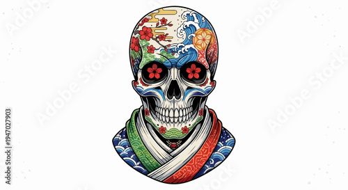 Skull adorned with Japanese motifs, featuring cherry blossoms, waves, and intricate patterns on a kimono