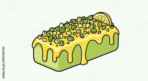 Vibrant green loaf cake with yellow glaze and pistachio toppings, garnished with a lemon slice