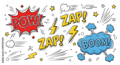 Comic book style illustration of dynamic explosion effects with POW, ZAP, and BOOM in a vibrant scene