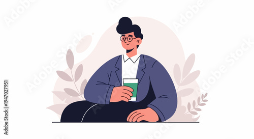 Stylized illustration of a person in a suit holding a green cup, with abstract shapes and leaves