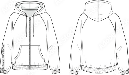 Front and back view zip up hoodie template with raglan sleeves kangaroo pocket blank apparel mockup outline for fashion design vector
