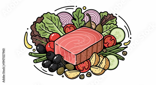 Vibrant illustration of a salmon fillet surrounded by fresh vegetables and ingredients, presented with artistic flair