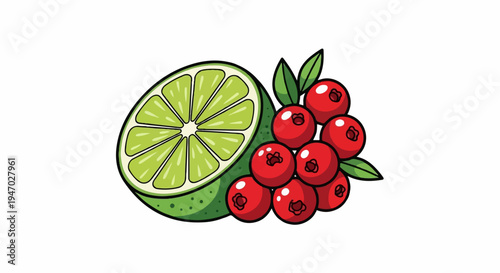 Vibrant lime slice and cluster of juicy red berries with green leaves