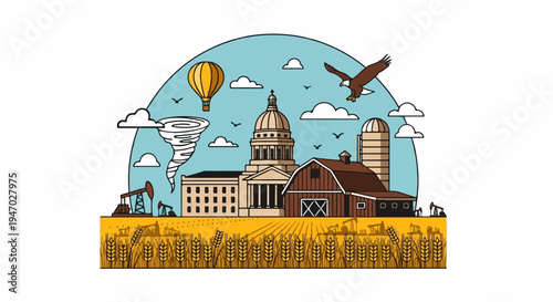 Vibrant pastoral scene with diverse elements agriculture, industry, weather, and flying creatures