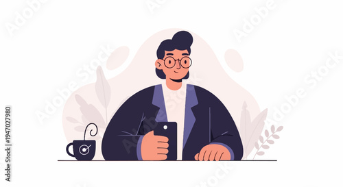 Stylized illustration of a person in a suit with glasses, holding a phone, with a cup of coffee