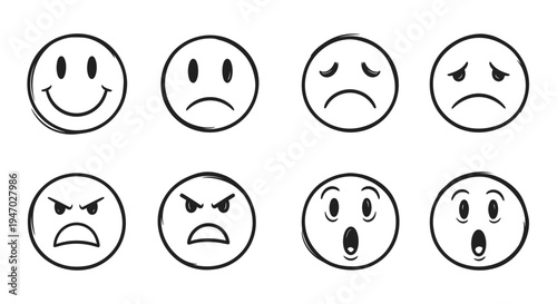 The illustration depicts various emoticon faces expressing different emotions.