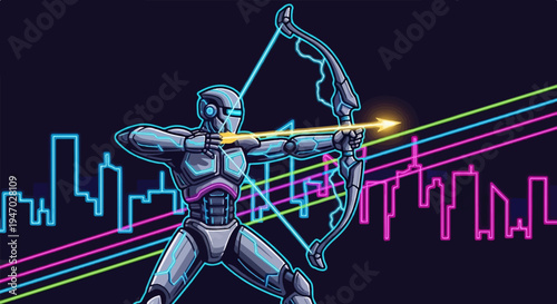 Pixelated robot archer aiming a glowing arrow against a neon cityscape backdrop