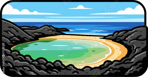 Pixelated, rounded-edge view of a secluded cove with green-blue water, sandy shore, and dark rocky outcrops under a blue sky