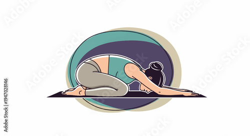 Stylized illustration of a woman in a yoga pose, child's pose, with abstract circular background