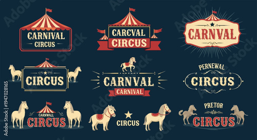 Vintage circus banners with stylized horses and tents in red, cream, and blue tones