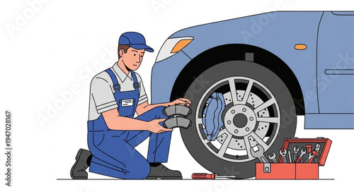 Mechanic changing car tire outdoors.