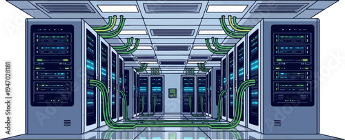 Pixelated server room with glowing equipment and green cables stretching down aisle