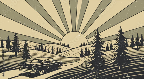 Vintage car drives on a winding road through a forest landscape at sunrise