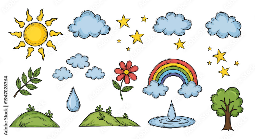 Fototapeta premium A vibrant scene of a sunny day with clouds, stars, and a rainbow over hills, a tree, and a flower with a water droplet and fountain.