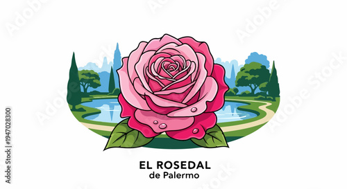 Vivid pink rose with water droplets against a pixelated garden scene featuring a pond and trees