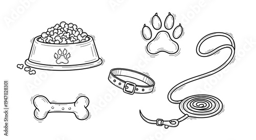 A dog's food bowl, bone, collar, leash, and paw print are shown.
