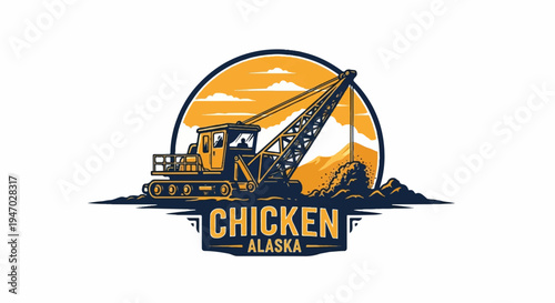 Vintage-style illustration of a yellow crane excavating earth under an orange sky