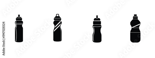 Sports water bottle and plastic drink silhouette icon set featuring fitness hydration for gym and more vector illustration or editable stroke