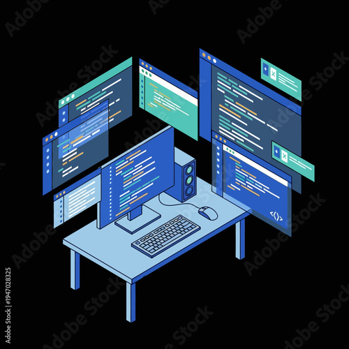 Isometric illustration of a programmer's workspace with multiple coding windows open.
