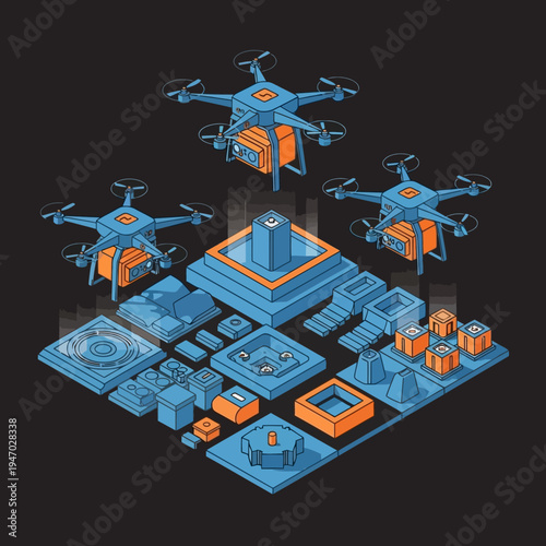 Isometric illustration of drones delivering packages to a futuristic city infrastructure.