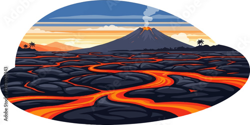 Pixelated volcano erupts molten lava across black rock landscape at sunset