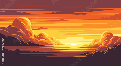 Vivid pixel art depicts a dramatic sunset over calm waters, with fiery clouds