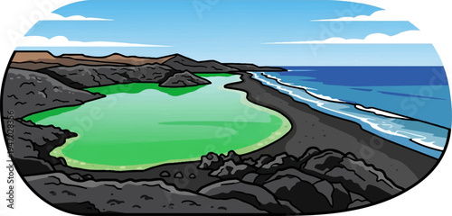 Volcanic coastline with emerald lagoon and ocean waves under a cloudy sky