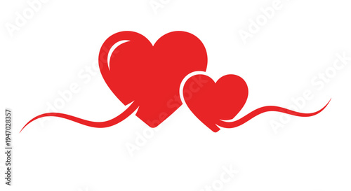 Two red hearts intertwined with flowing ribbons in romantic design