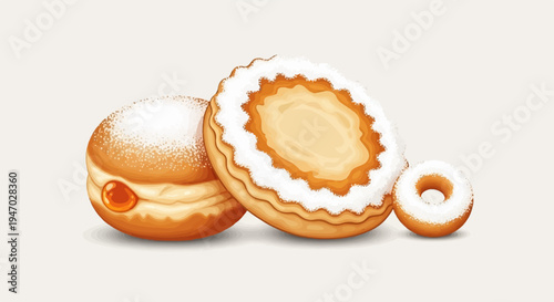 Three baked treats, powdered with sugar a filled pastry, a flat cookie, and a mini ring
