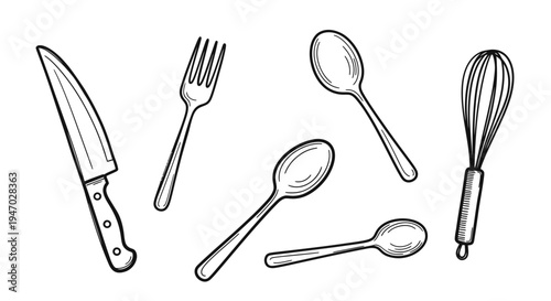 Kitchen utensils including knife, fork, spoons, and whisk on table