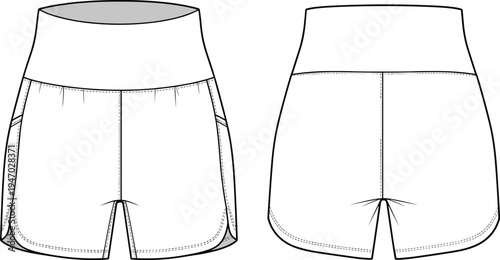 Front and back view women athletic shorts template high waist sport shorts apparel mockup outline for fashion clothing design vector
