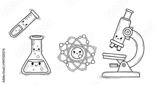 A science illustration depicts a microscope, beaker, test tube, and atom model in a laboratory setting with various science equipment.