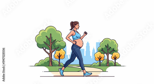 Pregnant woman jogging in a park with trees and city skyline in background