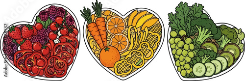 Three heart-shaped displays of colorful fruits and vegetables, organized by hue