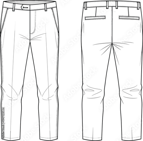 Front and back view men trousers template with belt loops pockets formal pants apparel mockup outline for fashion clothing design vector