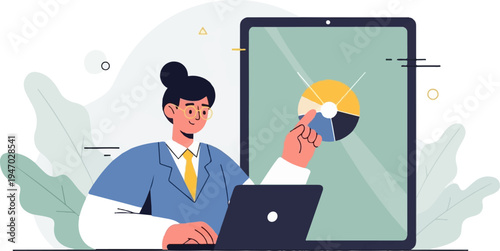 Professional analyzing data on a digital tablet and laptop in an office setting