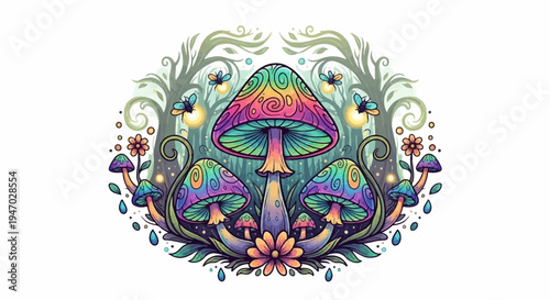 Whimsical fantasy mushrooms with swirling patterns and flying insects in a vibrant forest setting