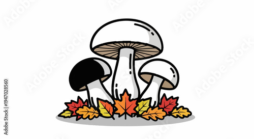 Whimsical illustration of three mushrooms with autumn leaves in fall colors