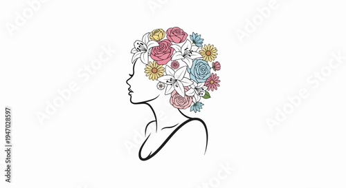 Profile silhouette of a woman with a vibrant floral arrangement as her hair