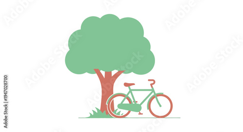 Bicycle leaning against a tree illustration.