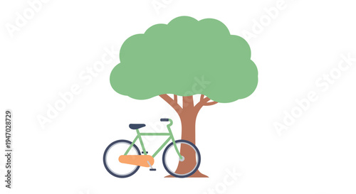 Bicycle leaning against a tree illustration.