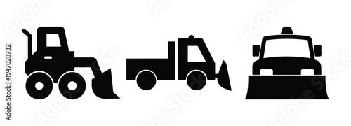 Snowplow Truck Icon Set – Winter Road Maintenance Snow Plow Vehicle Vector Silhouette